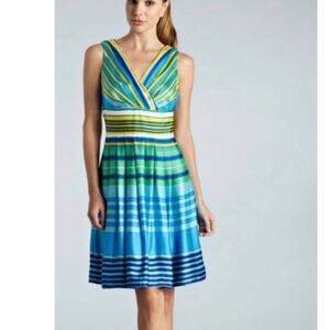 Muse Satin Blue Multicolor Sleeveless Fit And Fare Dress Size 8